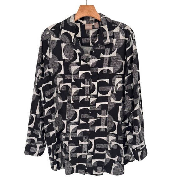 Chicos 2 Black White Geometric Button-Up Shirt Size large Womens  Cotton Blend - Picture 1 of 15